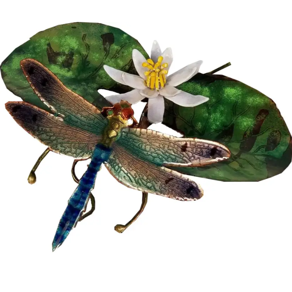 Dragonfly with Water Lily Enameled Copper Wall Art