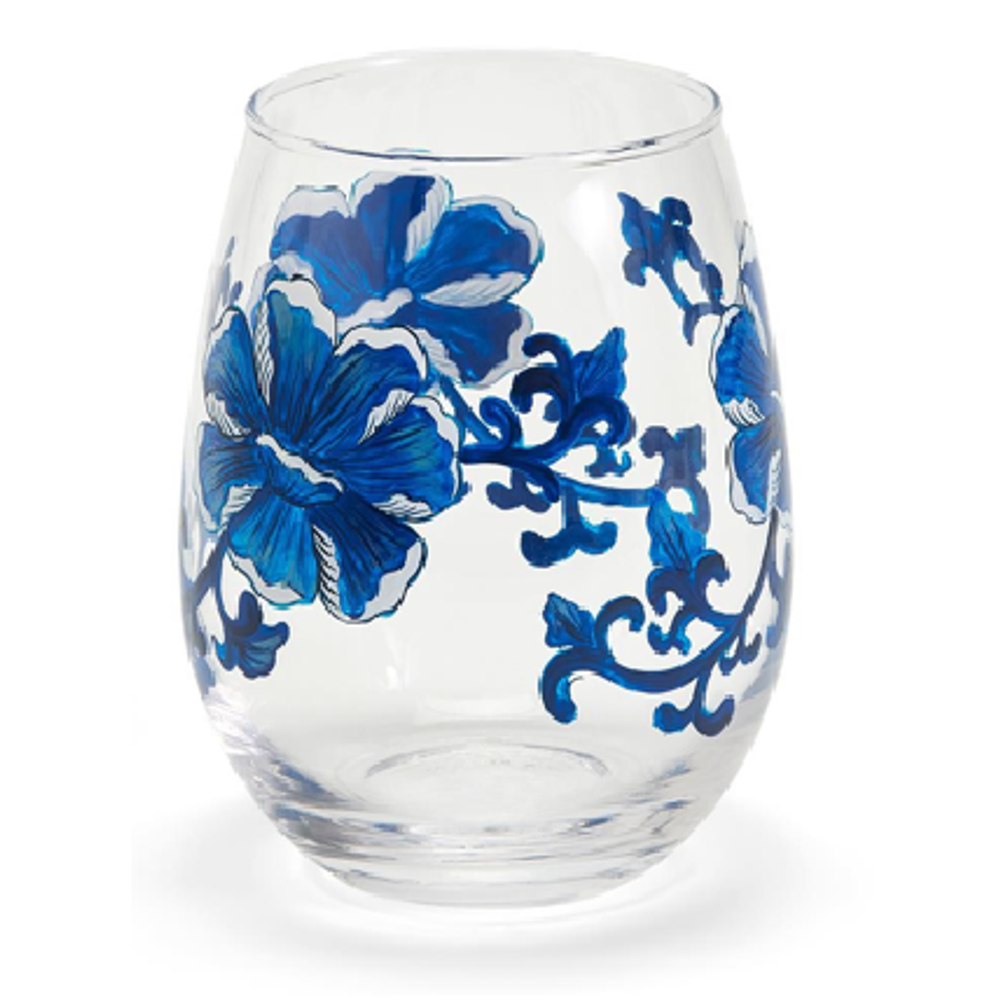 Set of 4 Blue and White Flower Handblown Stemless Wine Glasses