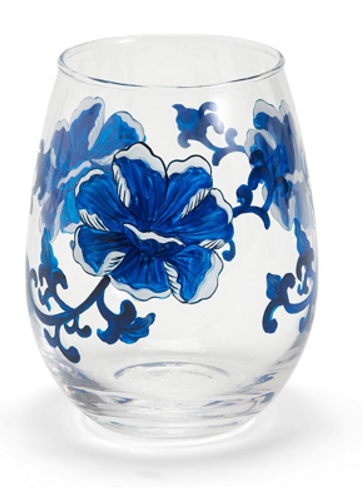 Set of 4 Blue and White Flower Handblown Stemless Wine Glasses
