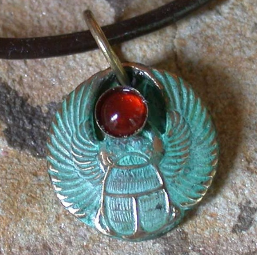 Men's Verdigris Patina Solid Brass Egyptian Scarab Pendant With Carnelian  | Elaine Coyne Jewelry |  ECMEGP2532PD