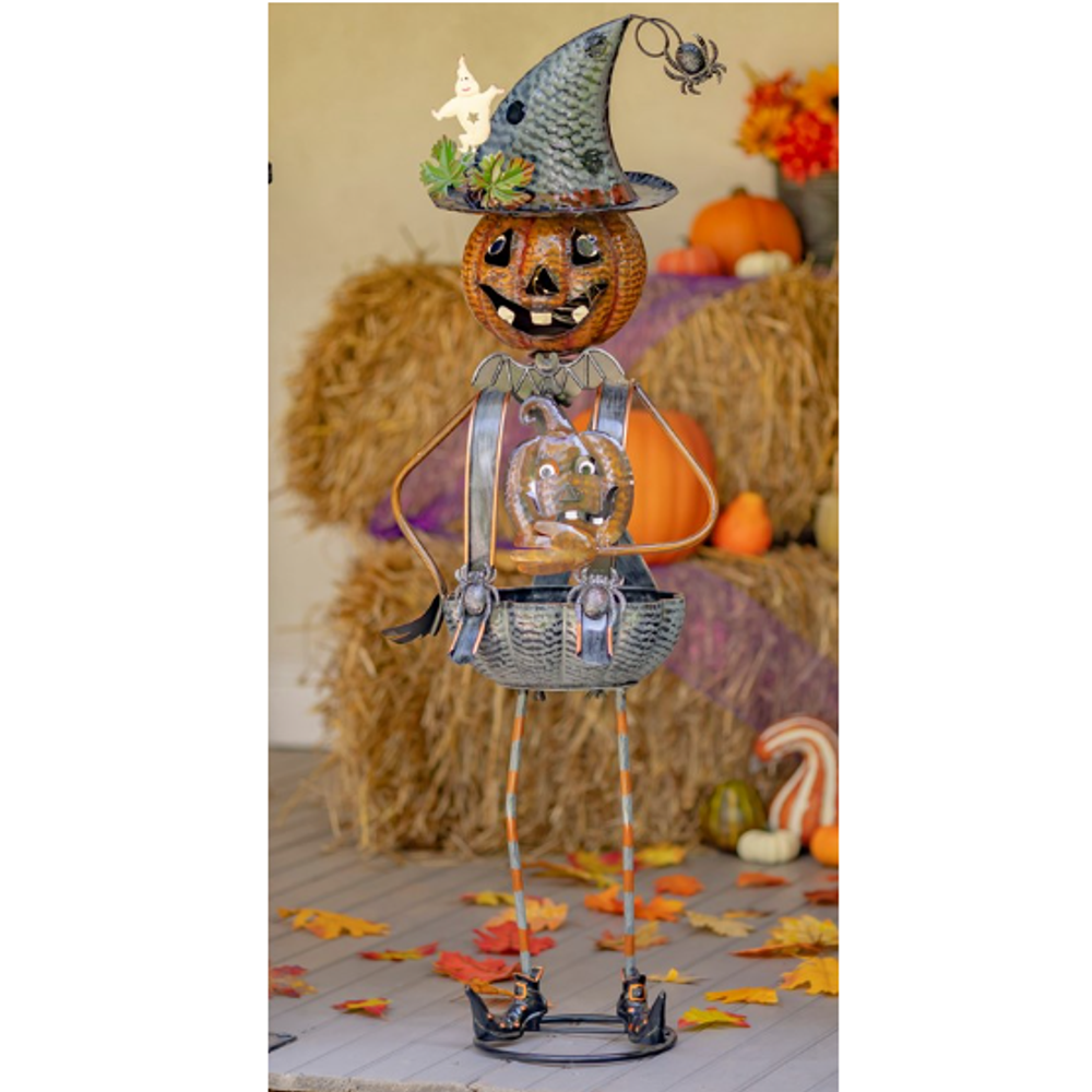 Tall Pumpkin Witch with Lighted Eyes and a Jack-O-Lantern Candy Holder 