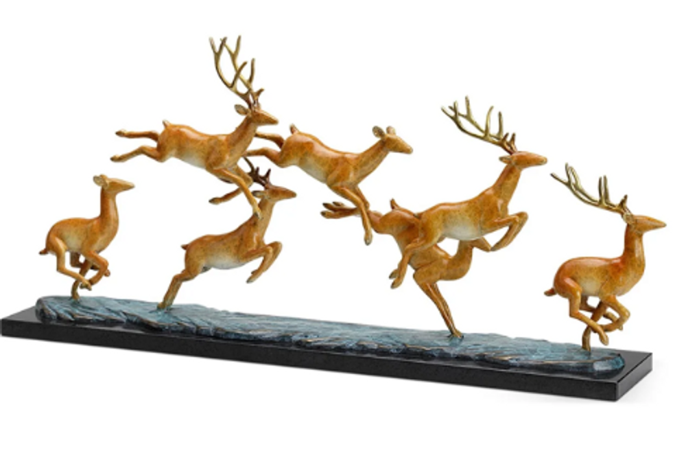 Brass and Marble Deer Sculpture "Leaping Deer Herd" 