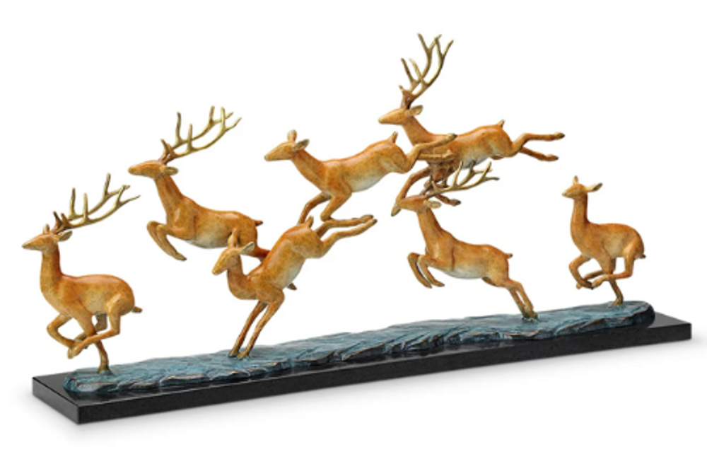 Brass and Marble Deer Sculpture "Leaping Deer Herd" 