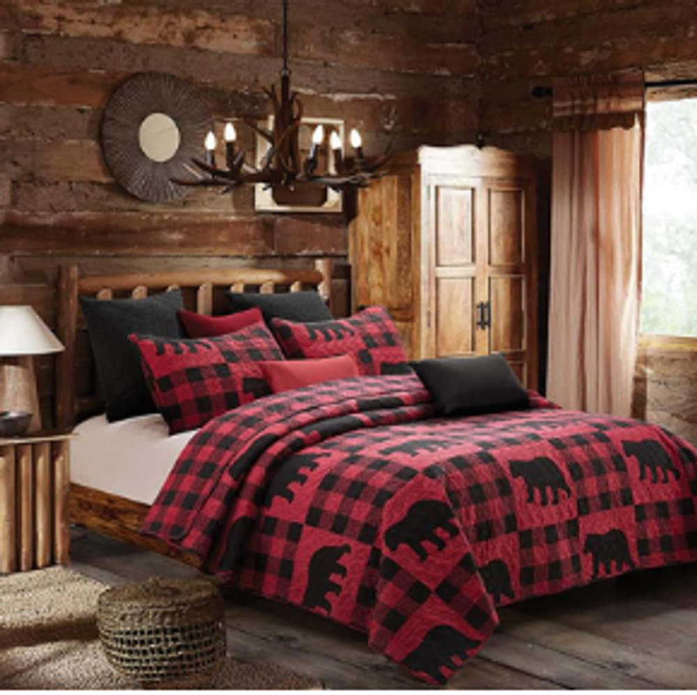 Buffalo Bear Plaid Red and Black Patch Primitive Quilt Set | DUKDQ680T