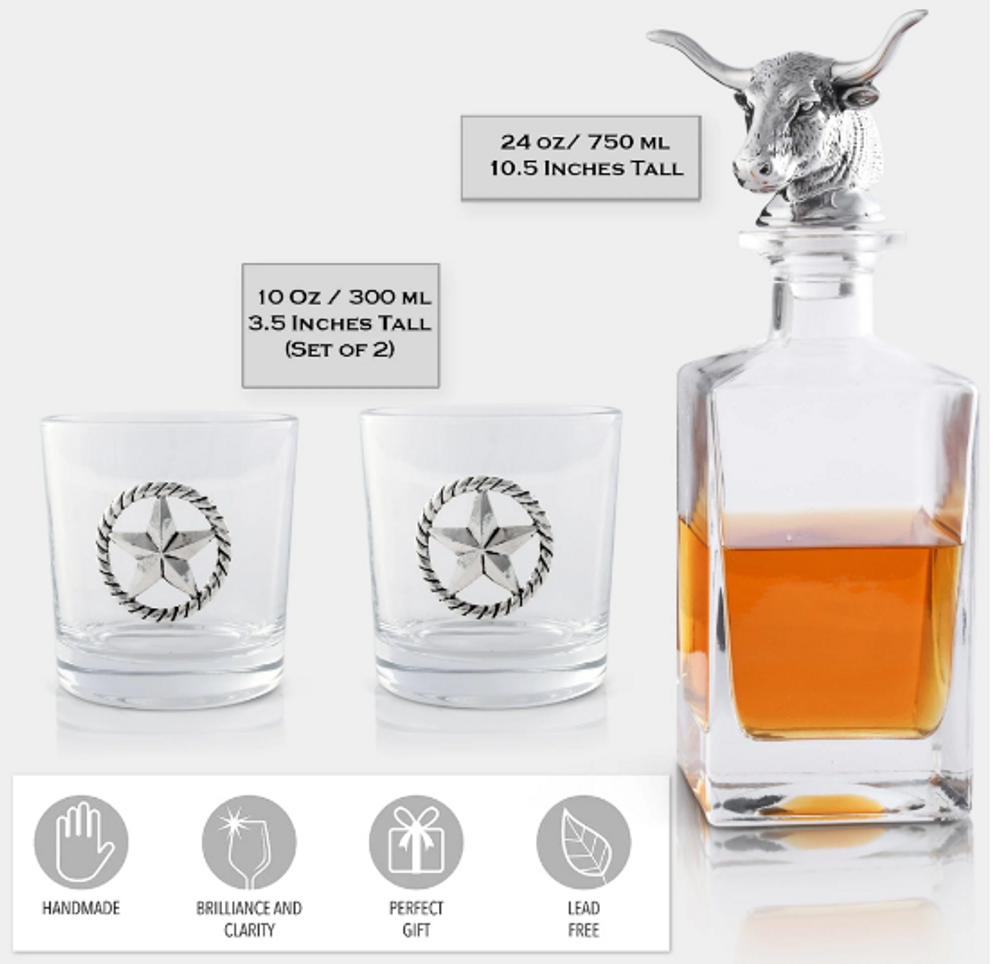 Handmade Longhorn Decanter and Glasses Boxed Set | ACD496W25