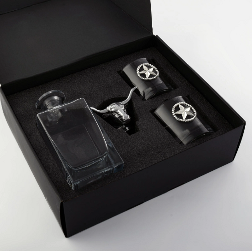 Handmade Longhorn Decanter and Glasses Boxed Set