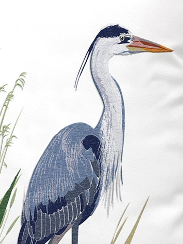 Hand Embroidered Blue Heron and Saltmarsh Indoor/Outdoor Pillow