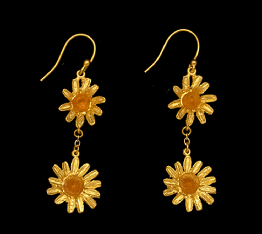 Golden Butter Daisy 2 Flower Drop Wire Earrings | Nature Jewelry | SS3435BZ
