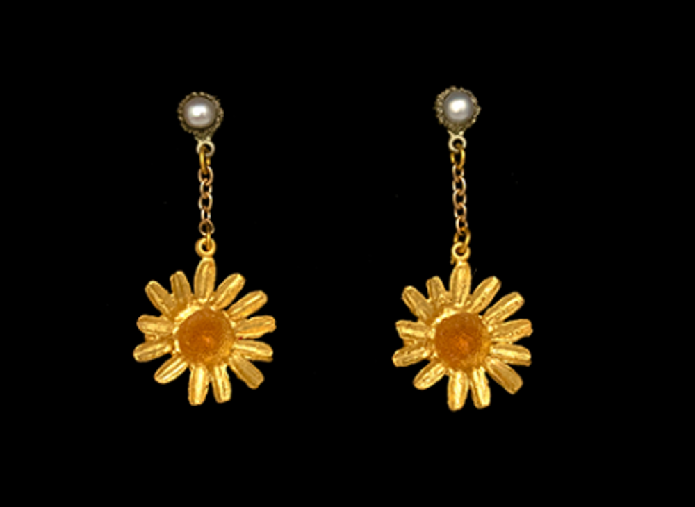 Golden Butter Daisy Pearl Post Drop Earrings | Nature Jewelry