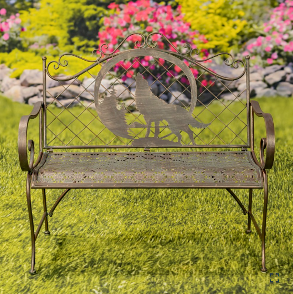 Wolf and Moon Silhouette Iron Bench | ZLIZR220866-BZ