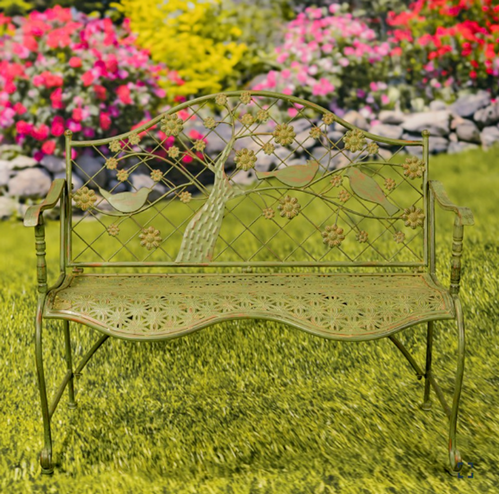 Blooming Spring Tree with Birds Iron Bench | ZLIZR220868-GR