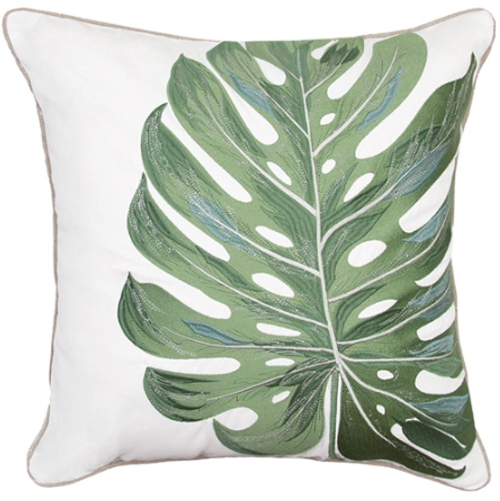 Hand Embroidered Sage Green Monstera Leaf Indoor/Outdoor Pillow | GIIR775030055W