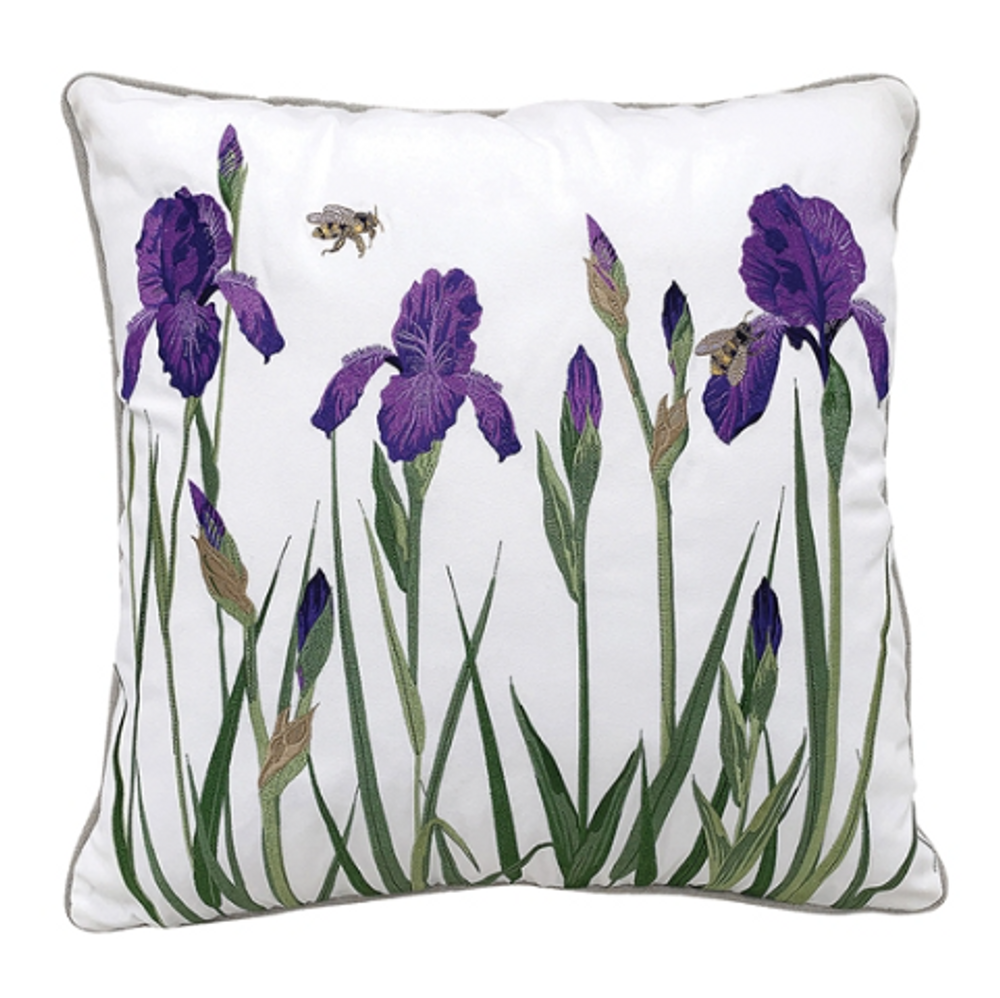 Hand Embroidered Purple Iris with Bees Indoor/Outdoor Pillow | GIIR775030036