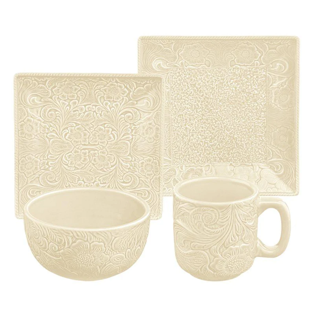 Cream Elegant Swirling Flower 16 Piece Dinnerware Set | HMDI4001-OS-TP