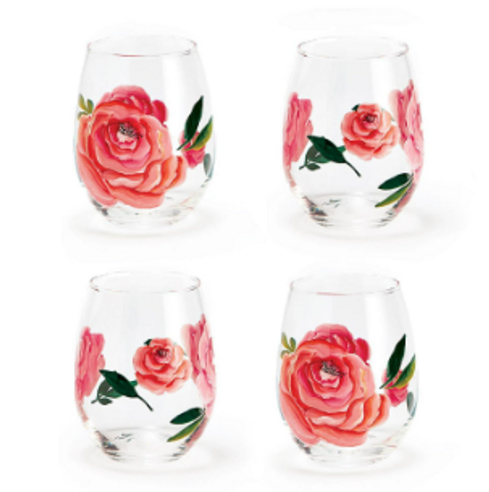 Set of 4 Handblown Hand Painted Rose Stemless Wine Glasses | TC52620