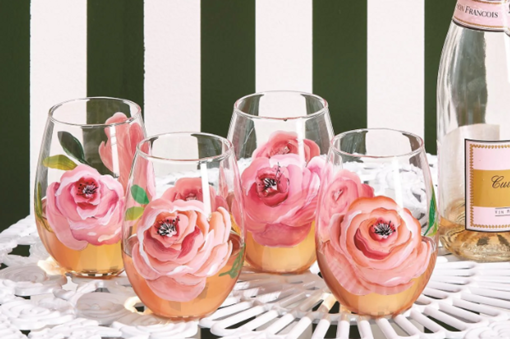 Set of 4 Handblown Hand Painted Rose Stemless Wine Glasses | TC52620