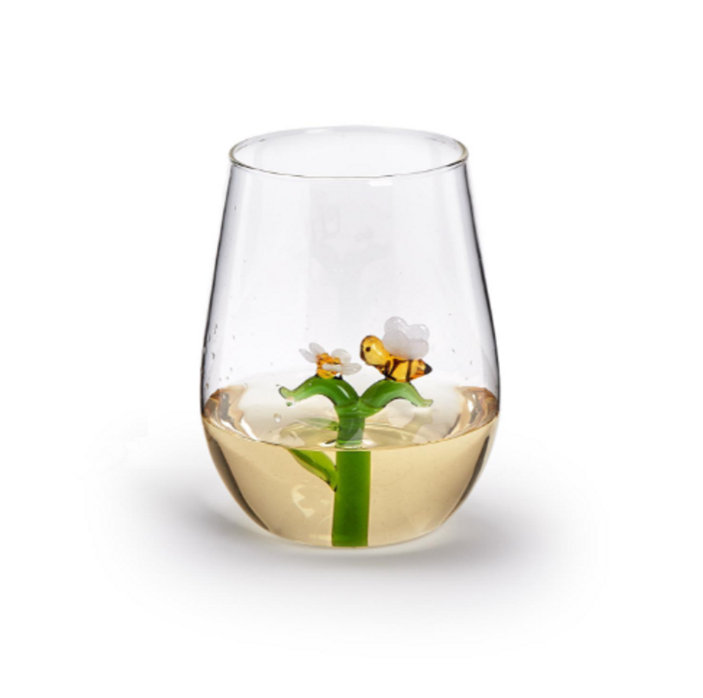 Set of 2 Jumbo Bee and Flower Stemless Wine Glasses | TC54620
