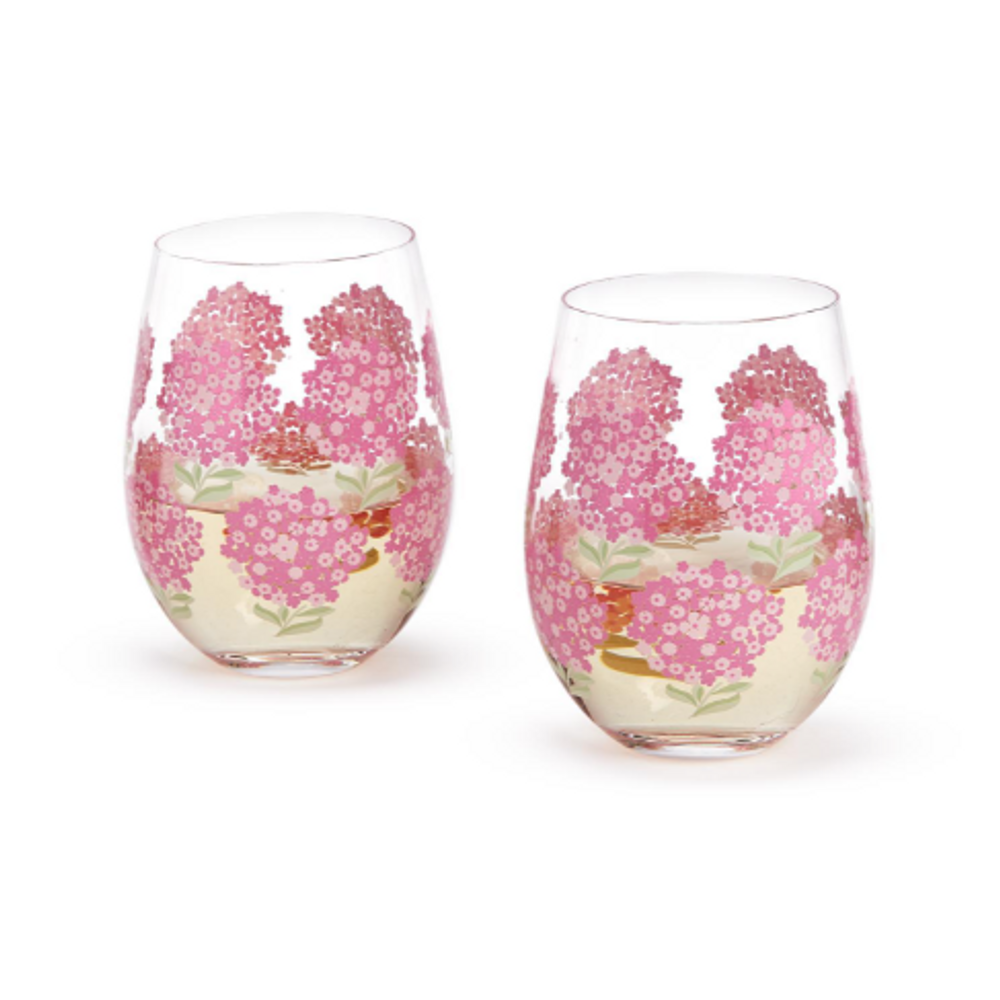 Set of 4 Hand Painted Pink Hydrangea Handblown Stemless Wine Glasses | TC54658
