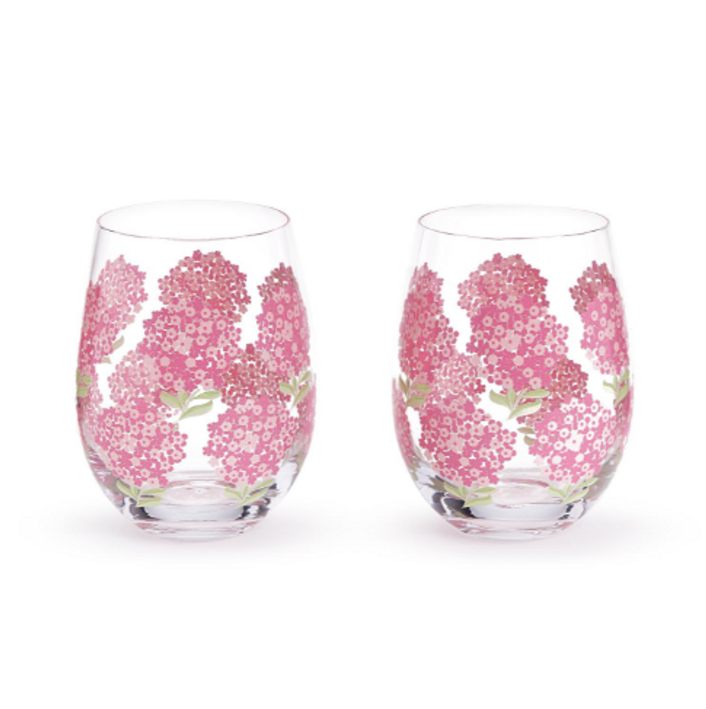 Set of 4 Hand Painted Pink Hydrangea Handblown Stemless Wine Glasses | TC54658