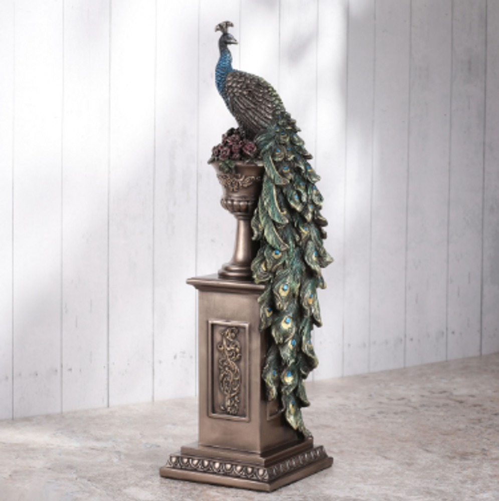 Muted Bronze Painted Peacock Perching on Column