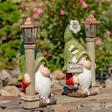 Set of 2 Spring Garden Gnomes with Solar Lanterns 