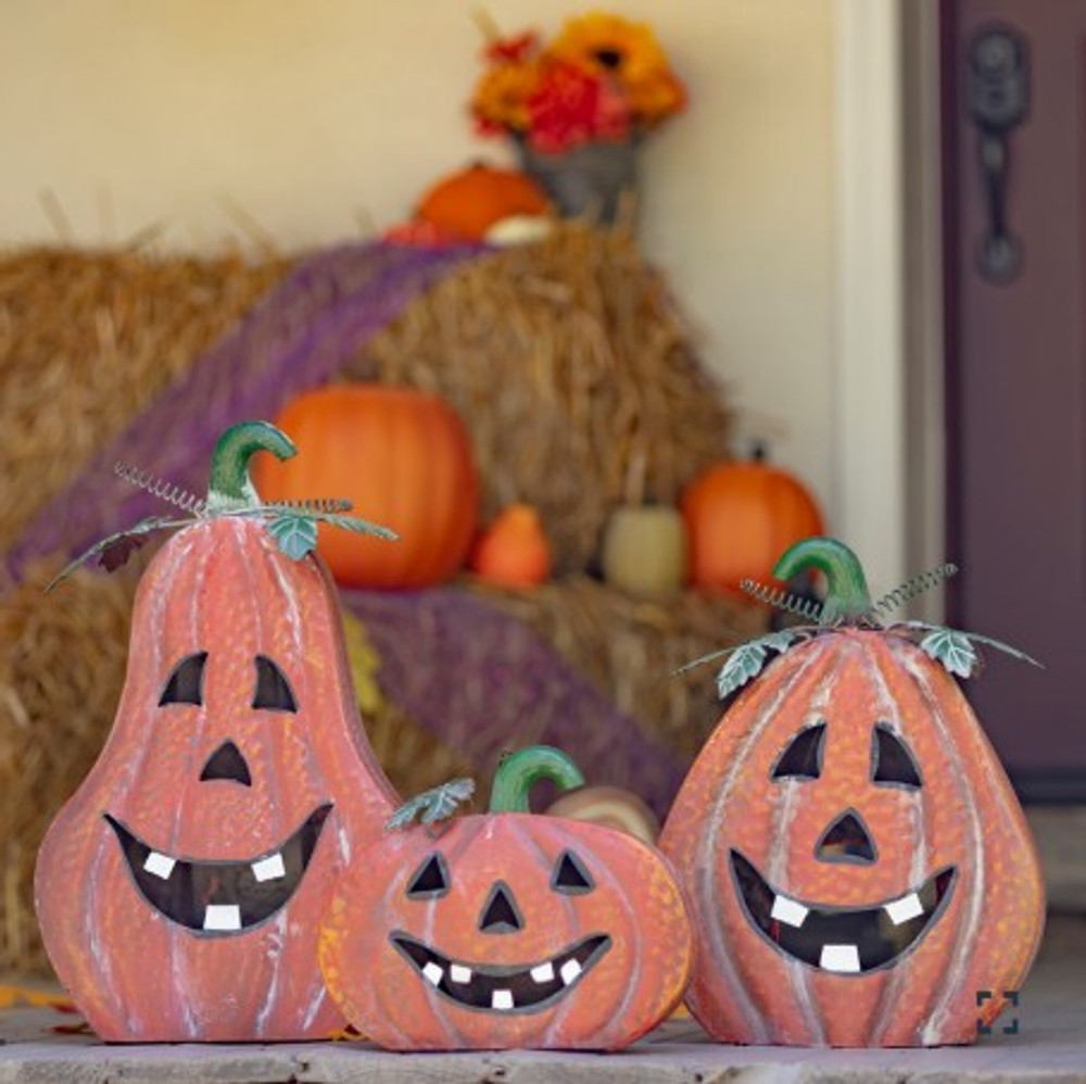 Set of 3 Metal Jack-O-Lantern Candleholder Decorations | ZLIZR090340 - Set