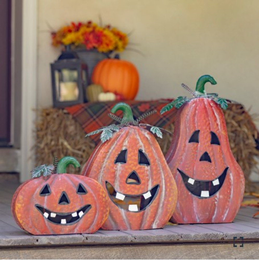 Set of 3 Metal Jack-O-Lantern Candleholder Decorations