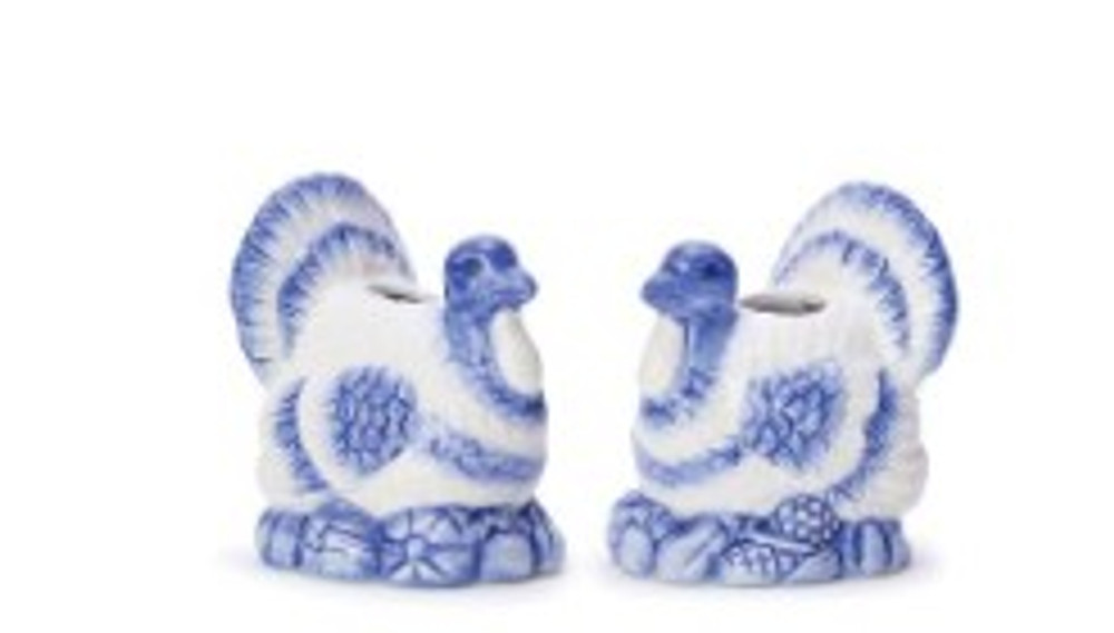 Pair of Hand Painted Blue and White Turkey Candleholders | TC82590