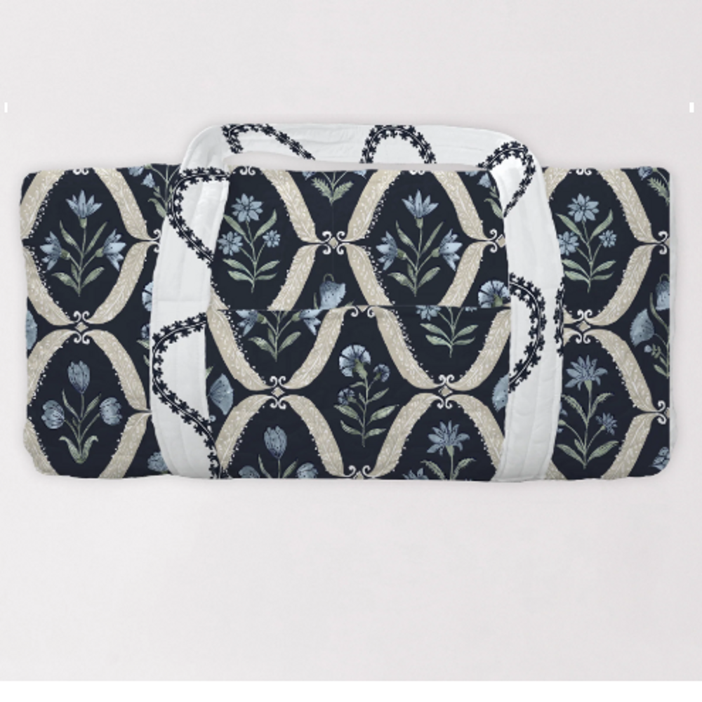 Handmade Large Navy Charlotte Floral Stripe Quilted Weekender Duffle Bag | IMHQDCHARLOTTENAVYWEEKENDER