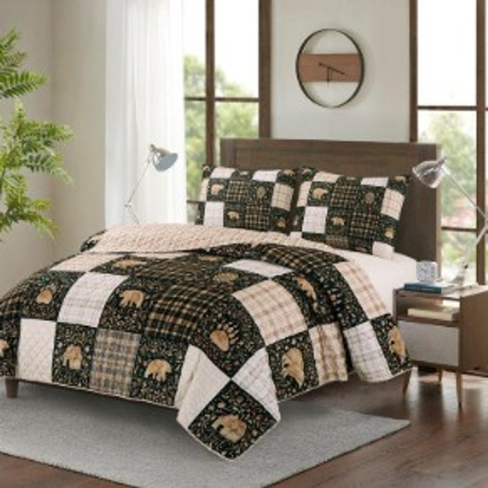 Bear Plaid Patchwork Faux Mink Bedding Set | DUKDQMP24099