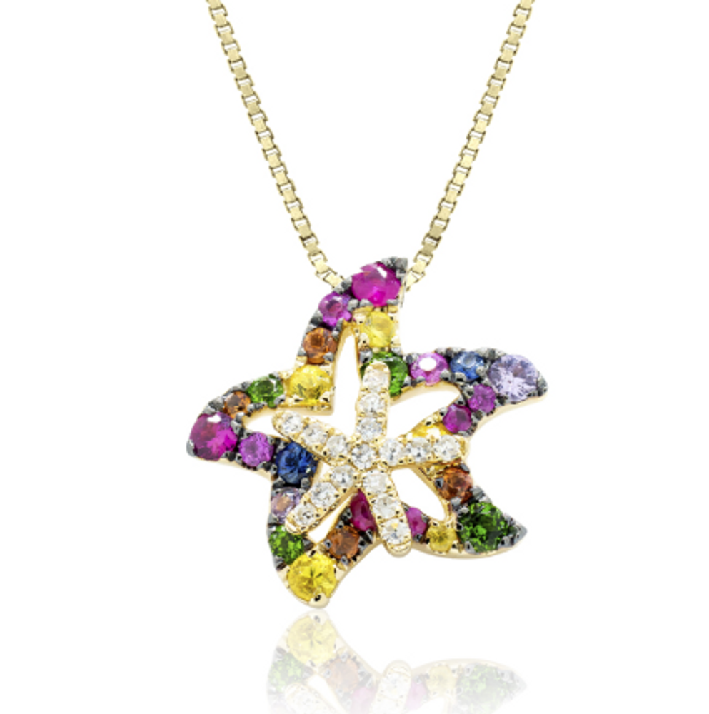 Multi Sapphire Diamond Mother and Baby Starfish Pendant | HTSSFP-36086/MS
