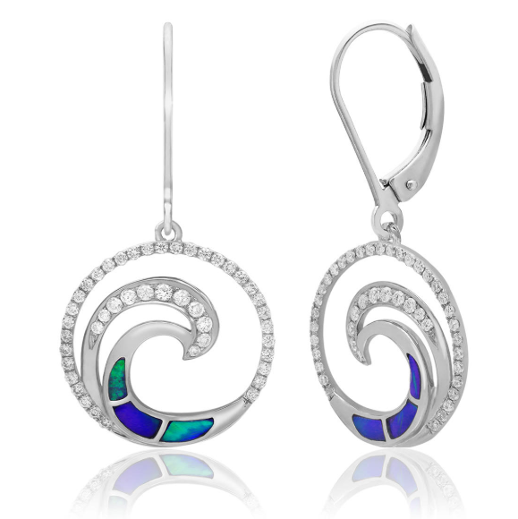 White Gold Opal and Diamond Wave Leverback Earrings | HTSWOE-0011/ WG