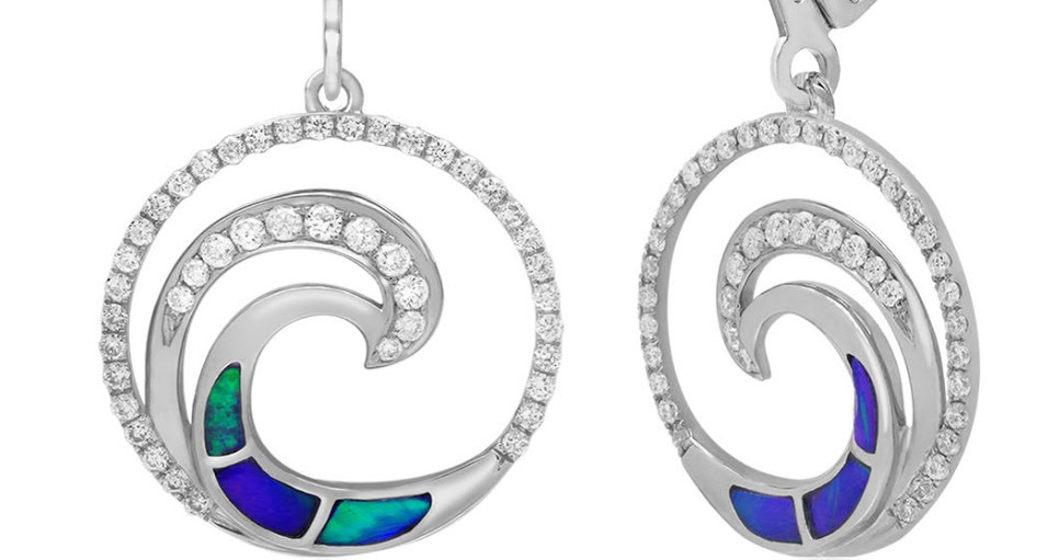 White Gold Opal and Diamond Wave Leverback Earrings | HTSWOE-0011/ WG