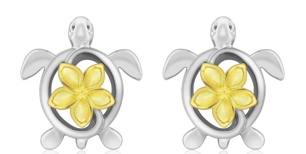 Sterling Silver and Gold Turtle Plumeria Earrings | HTSTFE-13986