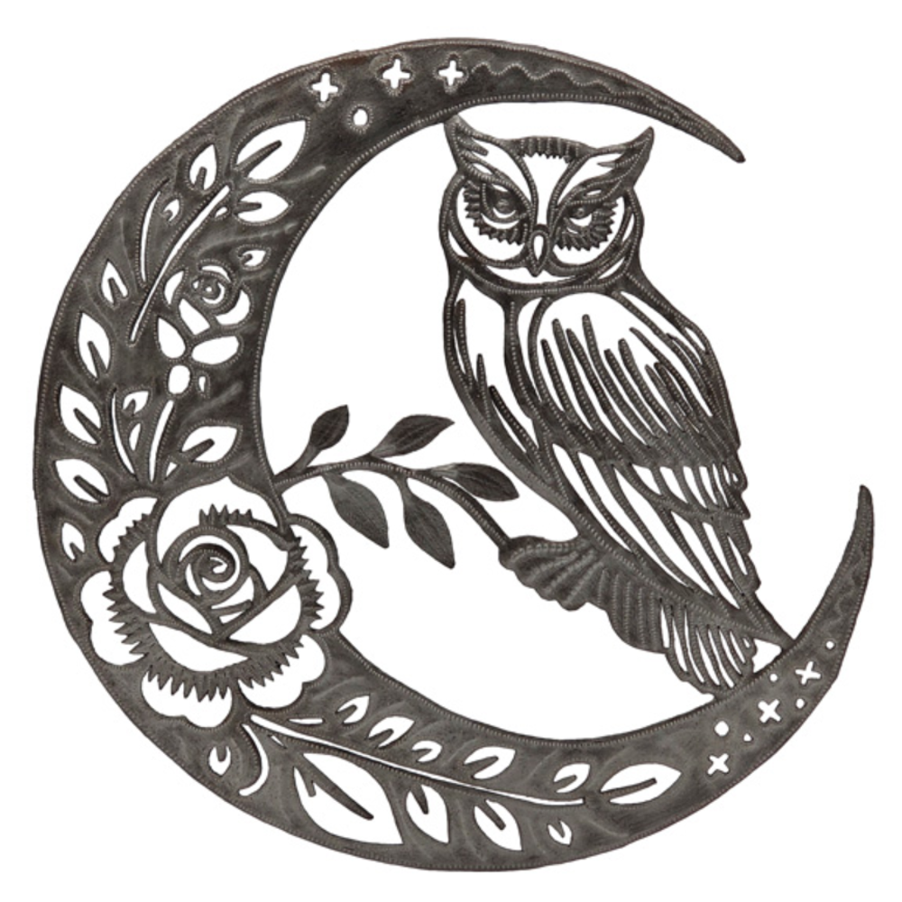 Owl in Floral Crescent Moon Recycled Steel Drum Wall Art | Le Primitif