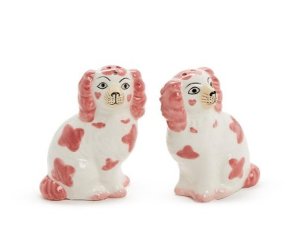 Hand Painted Pink and White Staffordshire Dog Salt and Pepper Shaker Set | TC54780
