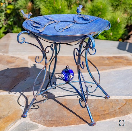 23" Tall Iron Birdbath with Bird Details & Porcelain Accent in Blue | ZLIZR180891-BL
