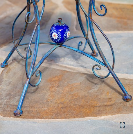 23" Tall Iron Birdbath with Bird Details & Porcelain Accent in Blue | ZLIZR180891-BL