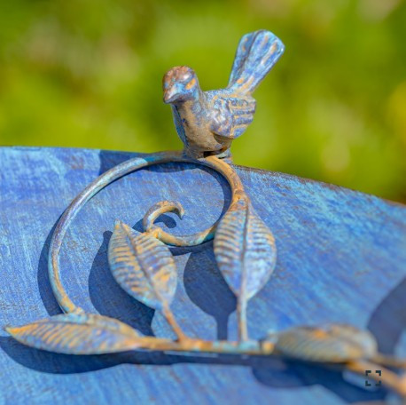 23" Tall Iron Birdbath with Bird Details & Porcelain Accent in Blue | ZLIZR180891-BL