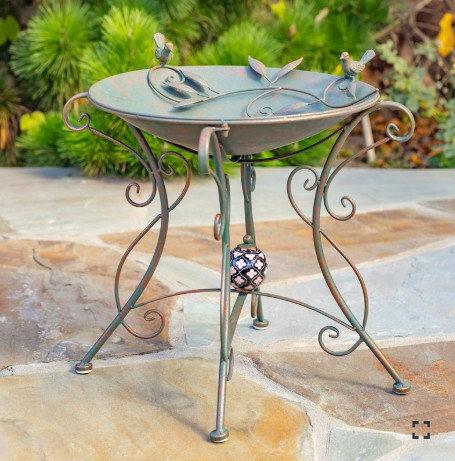 23" Tall Iron Birdbath with Bird Details & Porcelain Accent Bronze Finish | ZLIZR180891-BZ