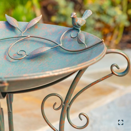 23" Tall Iron Birdbath with Bird Details & Porcelain Accent Bronze Finish | ZLIZR180891-BZ