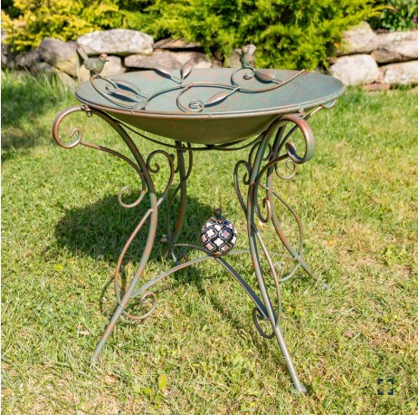 23" Tall Iron Birdbath with Bird Details & Porcelain Accent Bronze Finish | ZLIZR180891-BZ