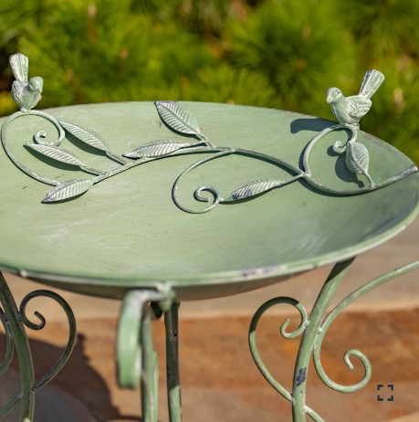  23" Tall Iron Birdbath with Bird Details & Porcelain Accent in Green | ZLIZR180891-GR