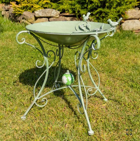  23" Tall Iron Birdbath with Bird Details & Porcelain Accent in Green | ZLIZR180891-GR