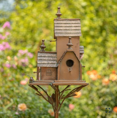 75.75" Tall Large Copper-Colored Multi-Home Iron Birdhouse Stake with Turets | ZLIZR205458