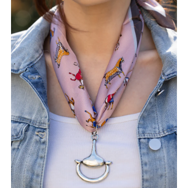 Equine Elegance 100% Silk Scarf in Soft Rose with choice of Gold or Silver Metal Horse-Bit | EKDSREquineElegance