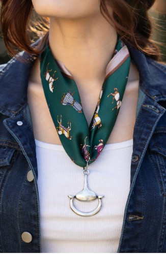 Equine Elegance 100% Silk Scarf in Hunter Green with choice of Gold or Silver Metal Horse-Bit |  EKDEquineEleganceHunterGreen
