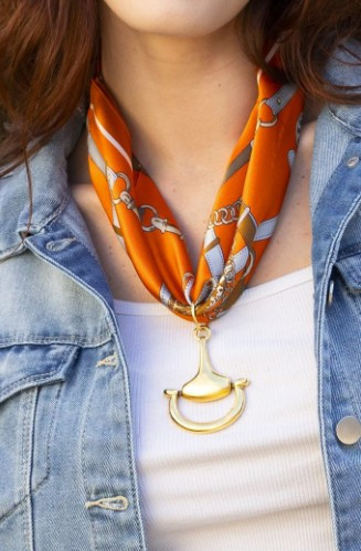 Orange Straps 100% Silk Scarf with choice of Gold or Silver Metal Horse-Bit | EKDOrangeStraps