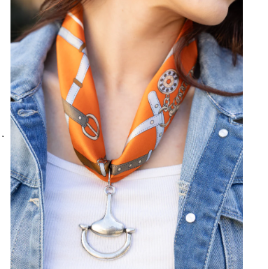 Orange Straps 100% Silk Scarf with choice of Gold or Silver Metal Horse-Bit | EKDOrangeStraps