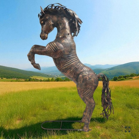 9.25 Foot Tall Large Rearing Stallion Iron Garden Statue | ZLIZR124070